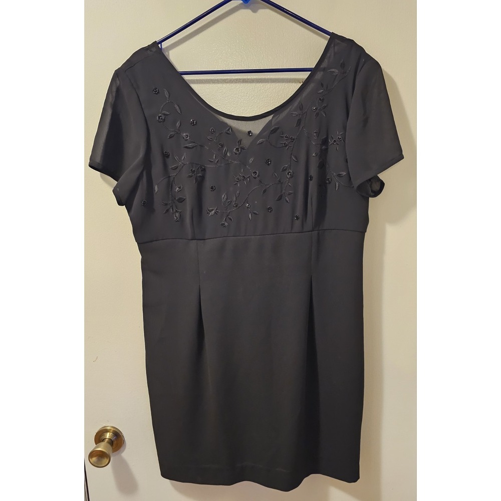 Liz Claiborne Womens Black Beaded Embroidered Dress Size 16 Chiffon Sleeves